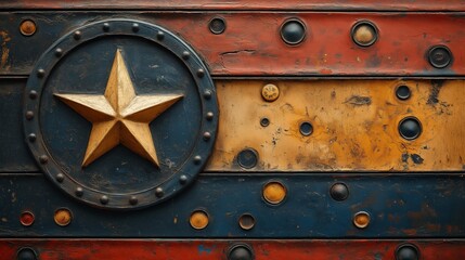 Wall Mural - A close-up of a weathered metal surface with a golden star in a circle.