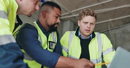 Team, laptop and discussion on engineering at construction site, design layout and email client. People, developers and online for graphic tools to draw blueprint, collaboration and upgrade property