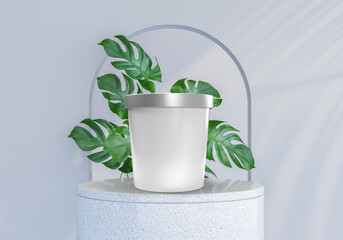Canvas Print - ice cream buckets on minimal podium with plant decoration. realistic blank mockup of food container 