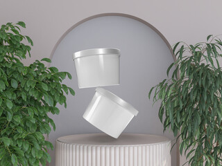 Canvas Print - ice cream buckets on minimal podium with plant decoration. realistic blank mockup of food container 