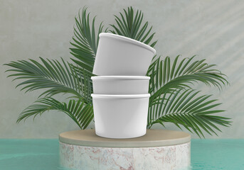 Canvas Print - ice cream buckets on minimal podium with plant decoration. realistic blank mockup of food container 