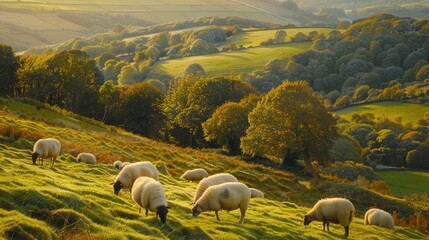 A flock of sheep grazes on a hilly side, their fleece glistening in the afternoon sunlight.