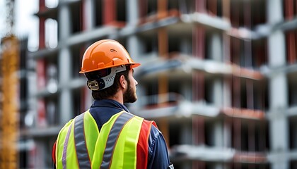 Pensive construction worker in hard hat and safety vest observing building progress at a construction site