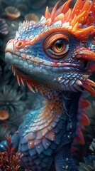 Wall Mural - A colorful lizard with orange and blue scales and a spiky crest looks up with an inquisitive expression.