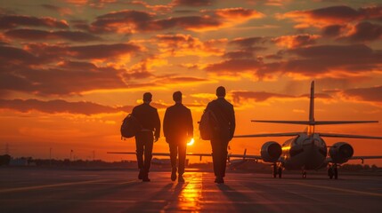 Wall Mural - Confident pilots approaching their aircraft in the early morning light, highlighting the professionalism and thrill of aviation.