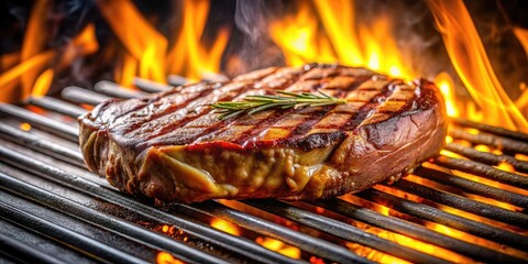 High quality photo of a fresh grilled marble steak on a barbecue grill, grilled, marble, steak, barbecue, BBQ, fresh, cooking