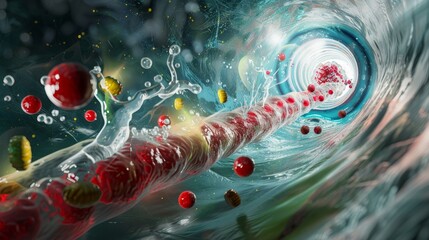 Wall Mural - Abstract Underwater Swirling with Red and Yellow Objects