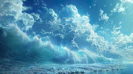 Wall Mural - Dramatic sky with white clouds over a crashing wave on a turquoise sea.