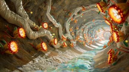 Wall Mural - Abstract depiction of a swirling, celestial portal within a rocky cave, illuminated by glowing orbs