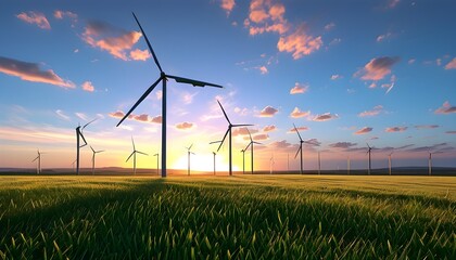 Wind turbines spinning gracefully in a vibrant green field under a blue sky