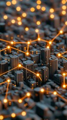 Wall Mural - futuristic smart city network - connected buildings, digital infrastructure, data flow, urban development, 3d illustration.