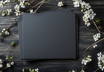 dark gray blank card mockups, laying on top of each other with white flowers and branches in the background, on a dark wooden table