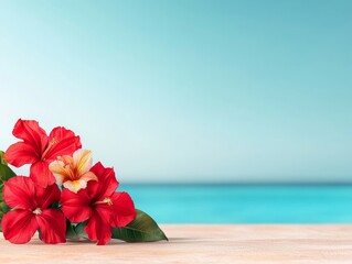 Wall Mural - vibrant red hibiscus flowers on wooden table against a turquoise ocean and sky background.
