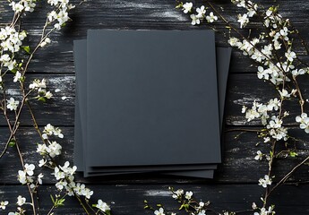 dark gray blank card mockups, laying on top of each other with white flowers and branches in the background, on a dark wooden table