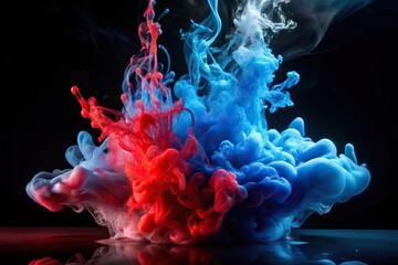 Wall Mural - Abstract blue and red paint mixing in water creating a mesmerizing effect on a black background