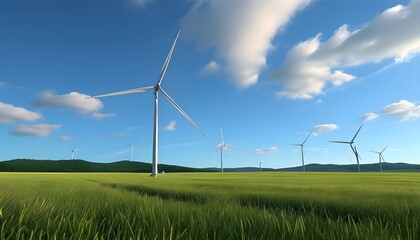 Wind turbines spinning gracefully in a vibrant green field under a blue sky