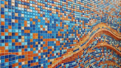 Wall Mural - Abstract blue orange mosaic tile wall texture background with waving waves shapes