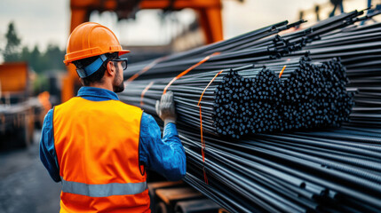 Construction worker in safety gear handling steel rebars at a construction site, preparing materials for structural reinforcement.