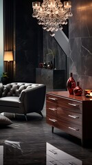 Wall Mural - Luxury minimalist dark living room interior with commode,vases, chandeliers and mirror ,  