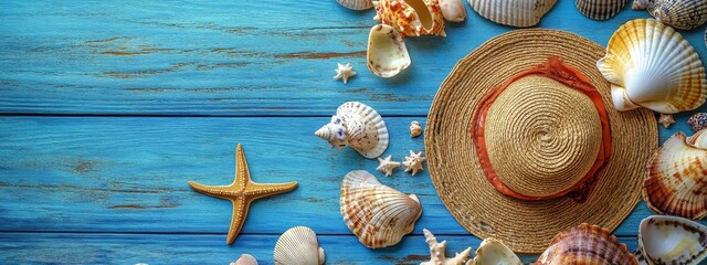 Rustic blue wooden background with a wide variety of seashells scattered around, including scallops, starfish, conch shells, clam shells, seaside travel hat, summer beach vacation concept, vivid color