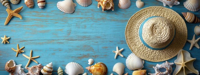 Rustic blue wooden background with a wide variety of seashells scattered around, including scallops, starfish, conch shells, clam shells, seaside travel hat, summer beach vacation concept, vivid color