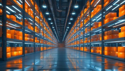 Wall Mural - Futuristic warehouse featuring tall shelves brimming with glowing boxes, illuminated by bright lights and reflected on a glossy floor