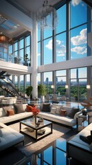 Wall Mural - Luxury modern penthouse interior with panoramic windows, 3d render  