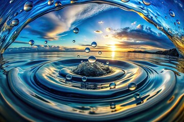 Wall Mural - Abstract calm water surface texture with bubbles and splashes fisheye