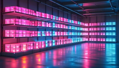 Sticker - Futuristic warehouse showcasing glowing boxes on illuminated shelves with vibrant pink and blue lights, complemented by a reflective floor design