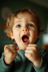 A young child with wide eyes and a joyful expression, fists clenched in excitement, basking in a warm, soft light.