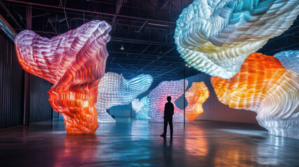 A mesmerizing light art installation in a dark room, with vibrant, translucent forms glowing in shades of blue, orange, and red, capturing a silhouette of a lone observer.