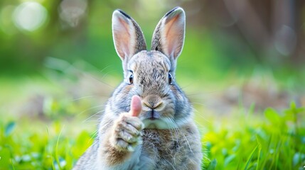 Wall Mural - Funny easter animal pet a thumbs up wearing easter bunny rabbit