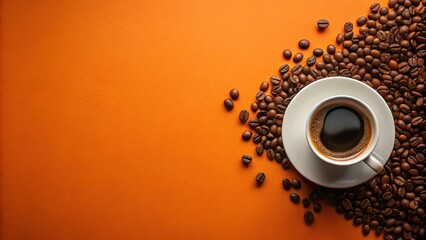 Abstract coffee cup and beans silhouette on orange background