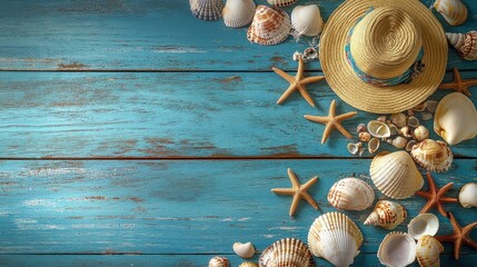 Seashells, starfish, summer hat on blue weathered wooden background, beach holiday concept, vibrant colors, seascape, tropical vacation, summer vibe