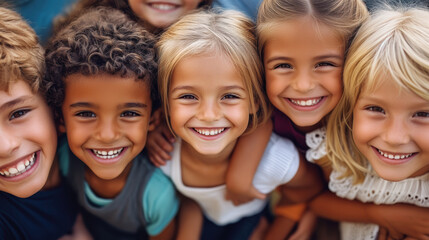 A group of cheerful children with bright smiles huddle together, exuding joy and camaraderie in a vibrant, sunlit outdoor scene.