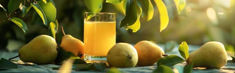 Fresh Pears juice in glass and fresh Pears leaves.