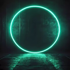 Poster - Neon green geometric circle on dark background. Round mystical portal.