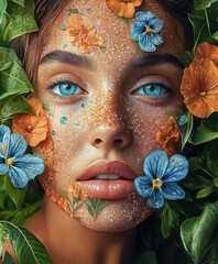 A portrait of a young woman, her face adorned with intricate flower petal patterns, her turquoise eyes piercing through the foliage, orange and blue flowers surrounding her face, soft freckles dotting