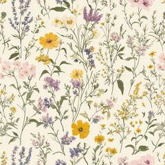 Wall Mural - A floral pattern featuring various colorful flowers on a light background.