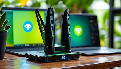 Canvas Print - Wi-Fi connection hub featuring a sleek black and green router alongside a laptop displaying vibrant wireless connectivity symbols