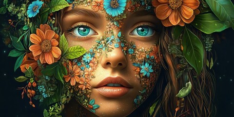 A portrait of a young woman, her face adorned with intricate flower petal patterns, her turquoise eyes piercing through the foliage, orange and blue flowers surrounding her face, soft freckles dotting