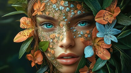 Wall Mural - A portrait of a young woman, her face adorned with intricate flower petal patterns, her turquoise eyes piercing through the foliage, orange and blue flowers surrounding her face, soft freckles dotting