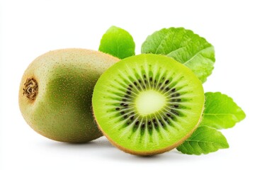 Wall Mural - A fresh kiwi fruit, whole and sliced, surrounded by green leaves.