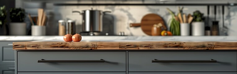 Wall Mural - Elegant interior with kitchen gray drawers. The room has bare wooden and marble tables.