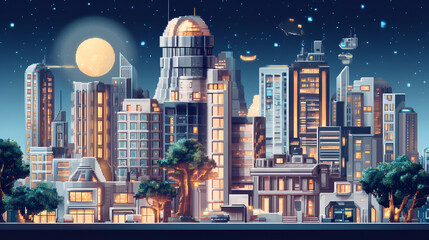 Wall Mural - Retro Pixel Art Futuristic Cityscape with Old and Modern Buildings   8 bit Video Game Interface Background Nighttime Cyberpunk Theme