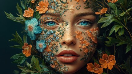 Wall Mural - A portrait of a young woman, her face adorned with intricate flower petal patterns, her turquoise eyes piercing through the foliage, orange and blue flowers surrounding her face, soft freckles dotting