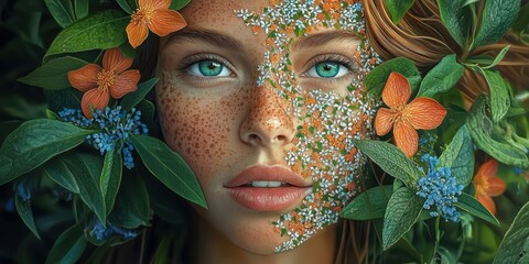 Wall Mural - A portrait of a young woman, her face adorned with intricate flower petal patterns, her turquoise eyes piercing through the foliage, orange and blue flowers surrounding her face, soft freckles dotting