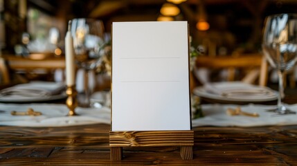 Blank White Card on Wooden Stand at Rustic Table Setting