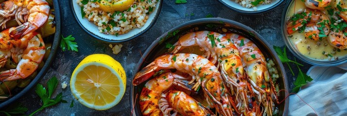 Canvas Print - Grilled prawns and lemon overhead Classic Greek cuisine Selection of seafood dishes