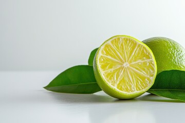 Wall Mural - A fresh lime cut in half with green leaves, showcasing its juicy interior.